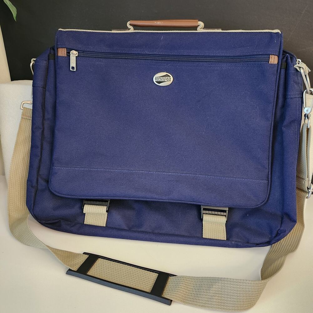 American Tourister Laptop Carry On Messenge Bag Blue Crossbody Briefcase Travel